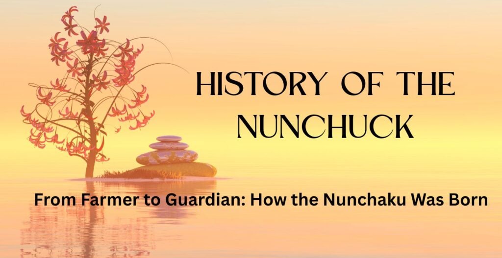  A serene water scene featuring a budding tree adorned with delicate flowers. Four rocks are neatly stacked beside the tree, creating a harmonious balance. Both the tree and the rocks reflect beautifully on the water’s surface. Title: History of the Nunchaku
Subtitle: From Farmer to Guardian: The Birth of the Nunchaku